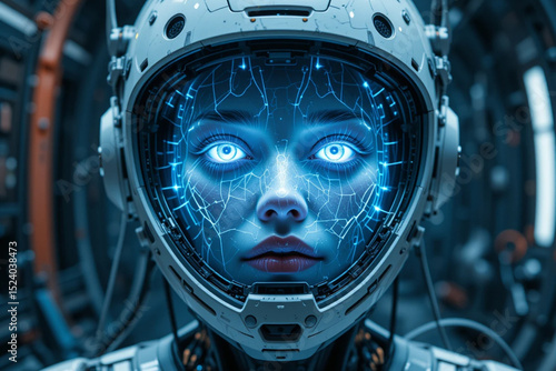 A holographic face of a female spirit appearing inside a broken android helmet, wires floating in zero gravity