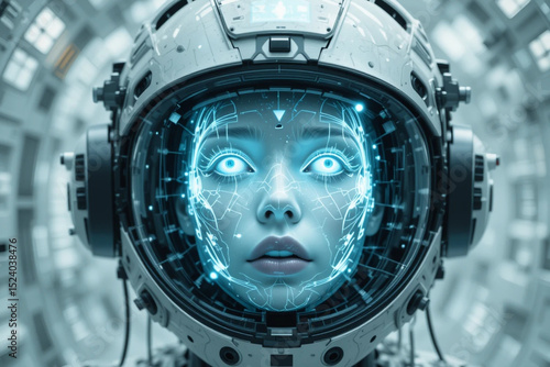 A holographic face of a female spirit appearing inside a broken android helmet, wires floating in zero gravity