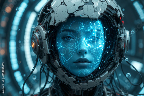A holographic face of a female spirit appearing inside a broken android helmet, wires floating in zero gravity