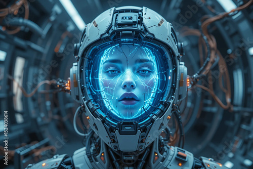 A holographic face of a female spirit appearing inside a broken android helmet, wires floating in zero gravity