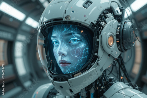 A holographic face of a female spirit appearing inside a broken android helmet, wires floating in zero gravity