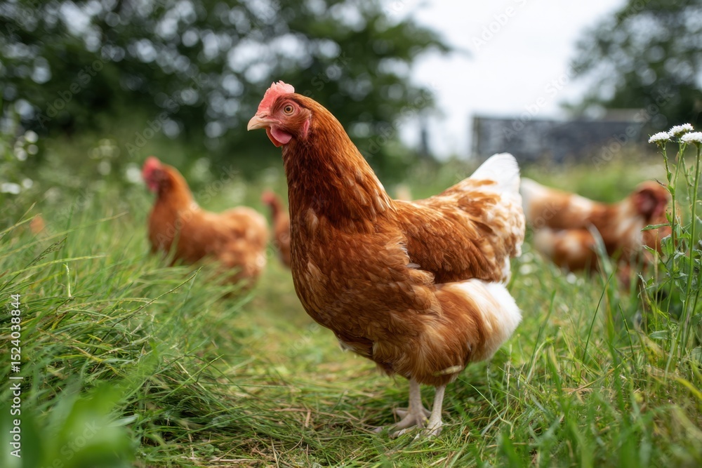 Fototapeta premium Free Range Chickens Grazing Happily on a Lush Green Farm