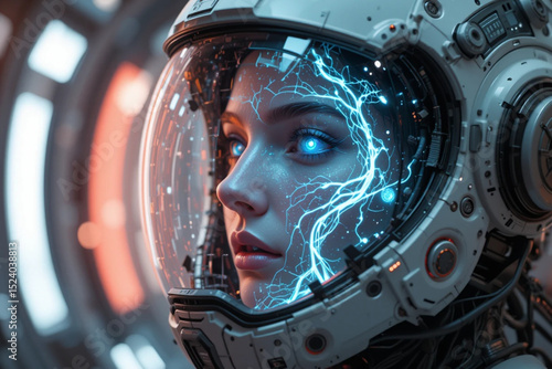 A holographic face of a female spirit appearing inside a broken android helmet, wires floating in zero gravity