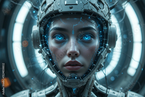 A holographic face of a female spirit appearing inside a broken android helmet, wires floating in zero gravity