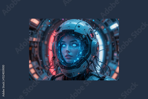 A holographic face of a female spirit appearing inside a broken android helmet, wires floating in zero gravity