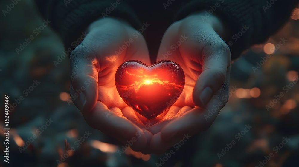 Fototapeta premium Two hands gently touching each other with a soft glowing light in the background