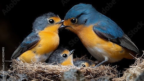 close up of a colorful mother bird feeding her hungry baby bird offspring in there nest during the summer time.  HD 8k wallpaper photographic image