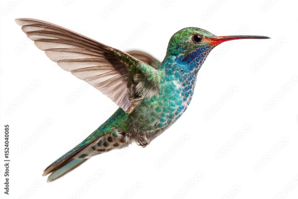 Obraz premium Beautiful Hummingbird Bird Flying In White Background Close Up View