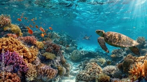 Sea turtle swimming in a colorful coral reef ecosystem