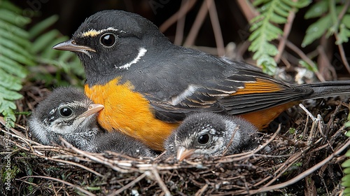 close up of a colorful mother bird feeding her hungry baby bird offspring in there nest during the summer time. HD 8k wallpaper photographic image
