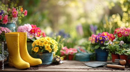Spring flowers and garden tools on a wooden tabletop arrangement