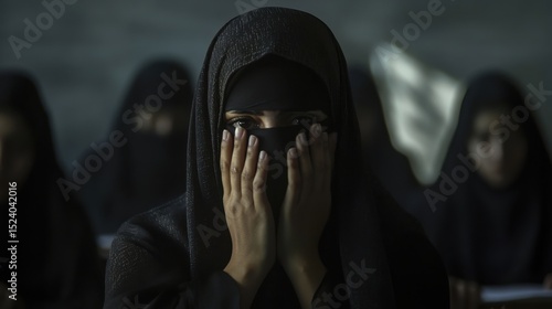 A dramatic, high-contrast photo of a Saudi female university student during an exam, her face partially hidden by her hands or a niqab, expressing deep stress.