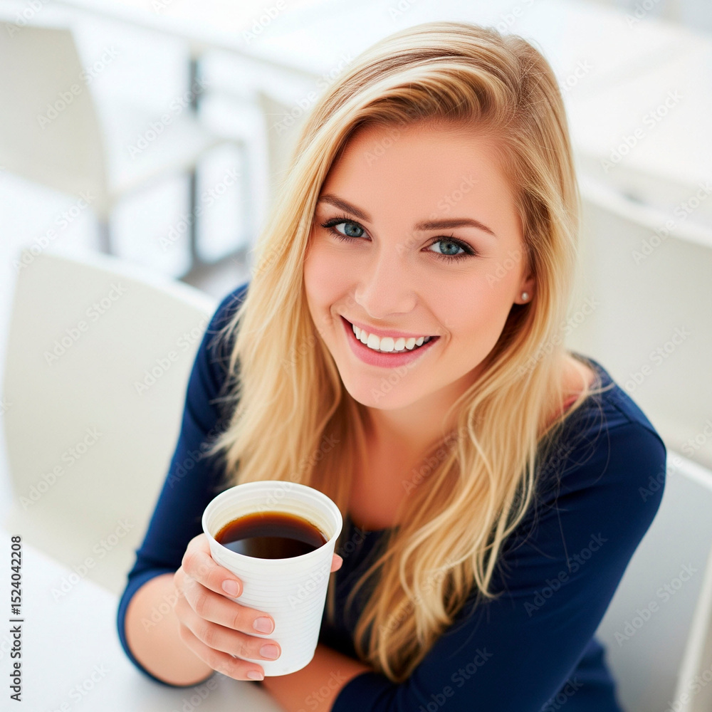 a smiling young beautiful blue eyes blonde woman drink a coffee in plastic cup from cafeteria on white background while look at me a smiling young beautiful blue eyes blonde woman drink a coffee in plastic cup from cafeteria on white background while look at me