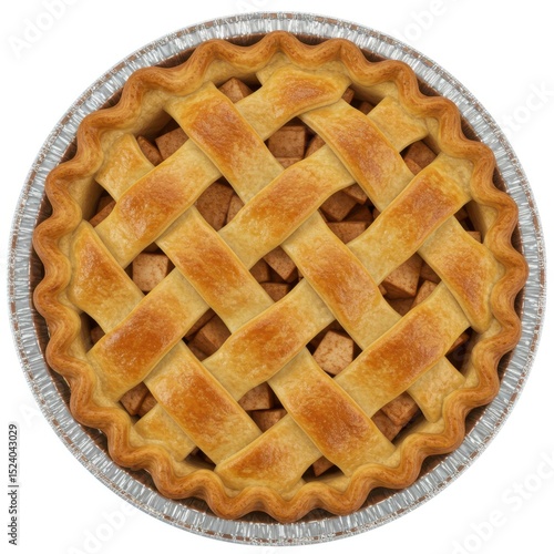 Delicious apple pie in aluminum foil pan isolated on white background