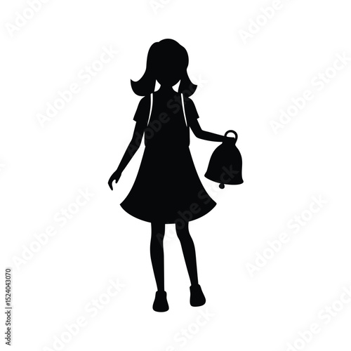 Girl with backpack and school bell vector silhouette  