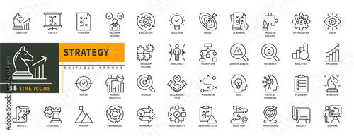 Minimalist Strategy line icon set with editable stroke, featuring execution, decision making, solution, mission, collaboration, focus, adaptability, planning, optimization, mission, etc. illustration.
