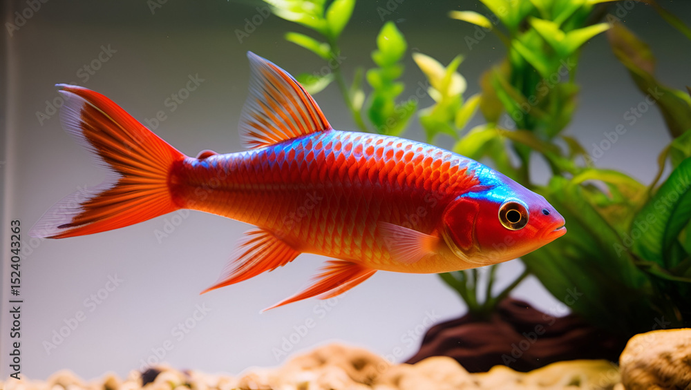 Fototapeta premium Brightly colored Flame Tetra (Hyphessobrycon flammeus), a famous and peaceful aquarium pet known for its fiery red hues