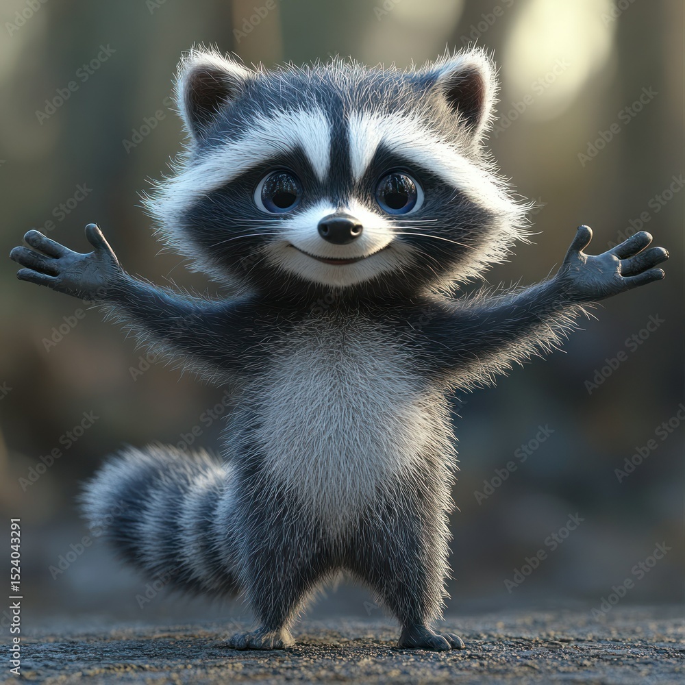 Fototapeta premium Cute cartoon raccoon with outstretched paws