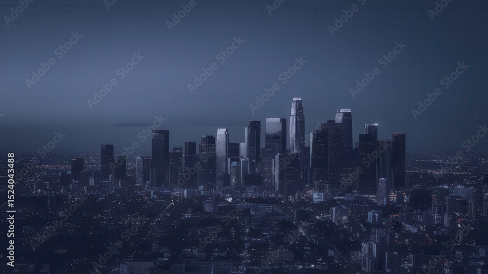 Fototapeta premium Dramatic Dark Cityscape Skyline Under Twilight with Glowing Lights