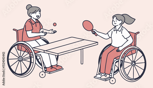 Two friends with wheelchair disability playing ping pong game behind light pink background     