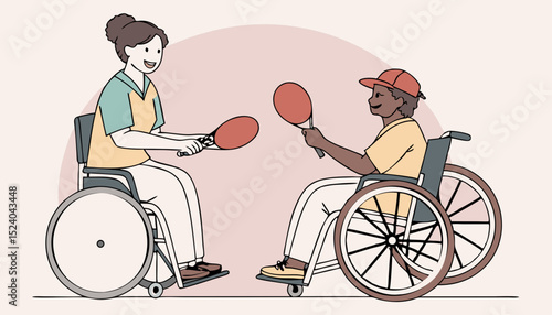 Two friends with wheelchair disability playing ping pong game behind light pink background     