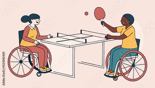 Two friends with wheelchair disability playing ping pong game behind light pink background     