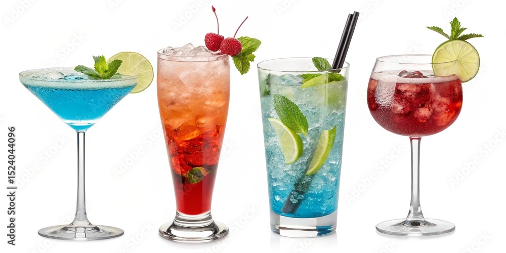 Four colorful refreshing cocktails with garnishes Four colorful refreshing cocktails with garnishes