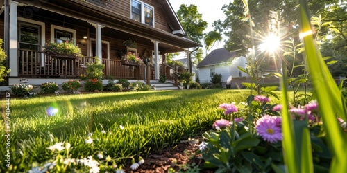 Wallpaper Mural Idyllic suburban house with lush green lawn and flower garden at sunrise Torontodigital.ca