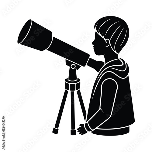 Student using telescope vector silhouette  