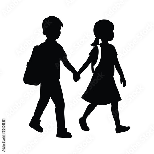 Kids holding hands walking to school vector silhouette  