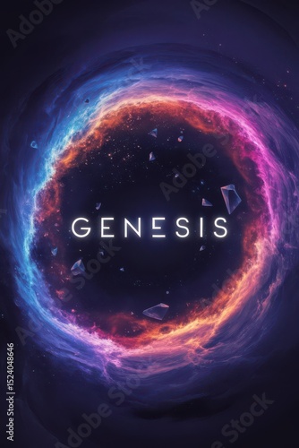 Colorful nebula vortex surrounding the word genesis in a dark space
