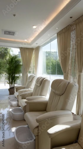 Luxurious spa pedicure stations with cream-colored leather chairs and foot baths in a bright, modern wellness center.