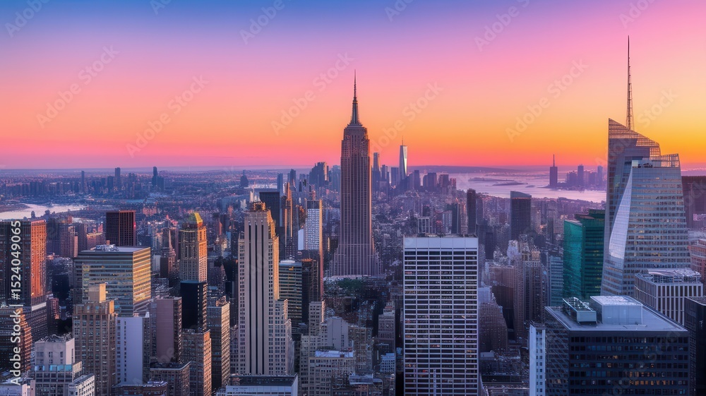 Fototapeta premium A vibrant cityscape view of New York City skyline during sunset or sunrise