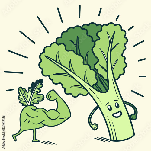 A muscular beet flexes beside a smiling bok choy, isolated on white background silhouette vector