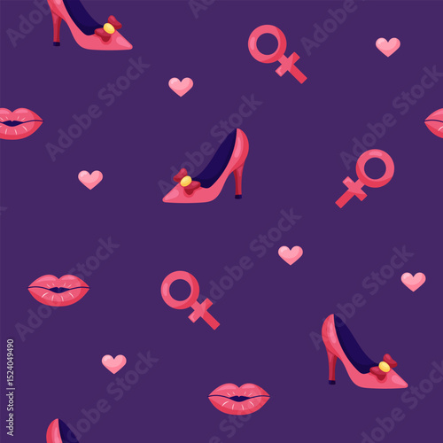 Seamless pattern with high heel shoes and red lips on dark background. March 8 Women's Day. Vector illustration.