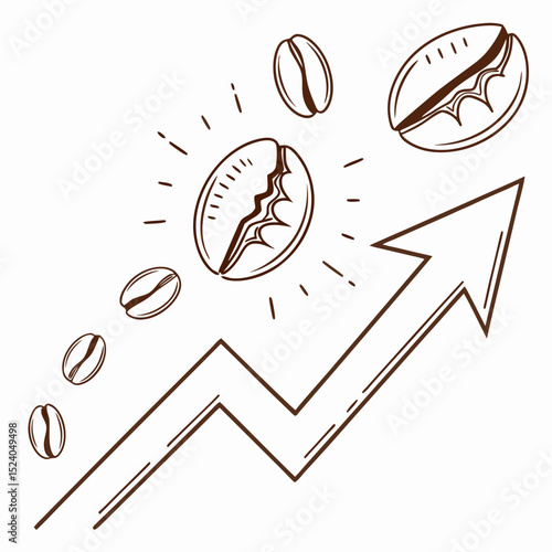 Rising coffee bean prices depicted by an upward trending arrow isolated on white background, silhouette vector