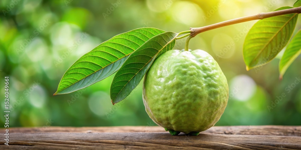 Obraz premium Fresh crystal guava fruit with a single stem and leaves, nature, fresh fruit, nature