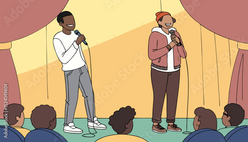 Comedian artist persons with microphone perform stand-up comedy show on stage vector set, audience listening jokes   