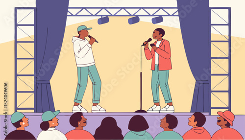 Comedian artist persons with microphone perform stand-up comedy show on stage vector set, audience listening jokes   