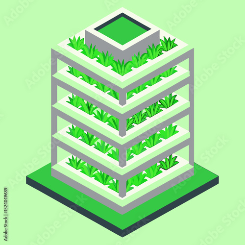 Isometric view of a vertical farm with green plants on multiple levels silhouette vector