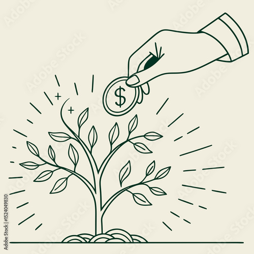 Hand planting a dollar coin to nurture a growing tree, symbolizing financial investment and growth silhouette vector