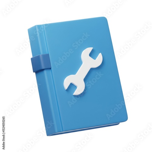 3d render of blue manual book with wrench icon isolated on white background
