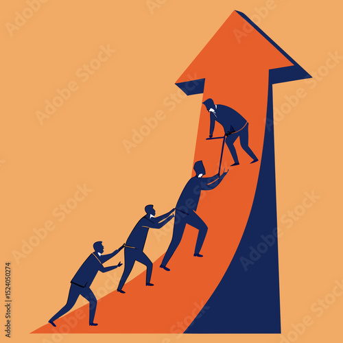 Teamwork propels a leader up an orange arrow of success, a business silhouette vector