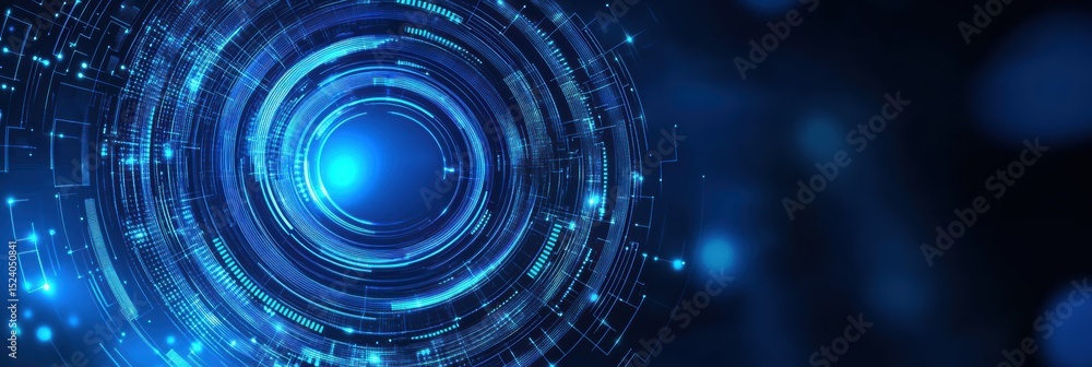 Obraz premium Vibrant abstract blue circle design with geometric lines and digital elements