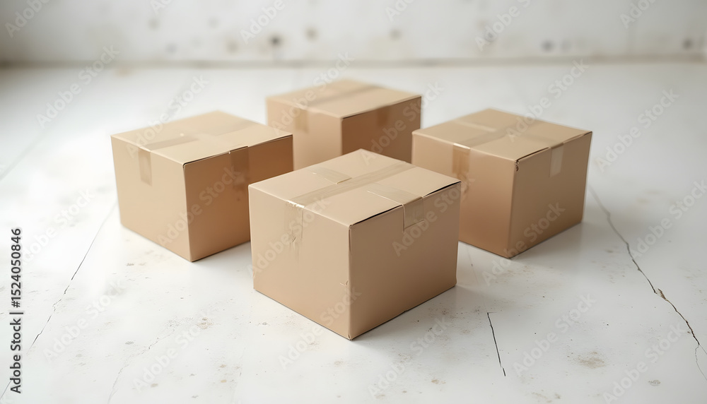 Fototapeta premium Four brown cardboard boxes sit on a white, cracked floor ready for shipping or storage.