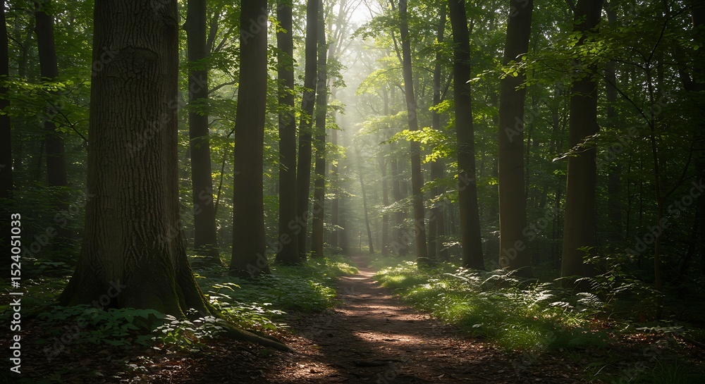 Fototapeta premium Sunlit Forest Path: A Serene, Misty Morning Scene