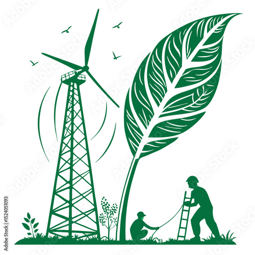 Green energy workers tending to a giant leaf near a wind turbine, isolated on white background silhouette vector