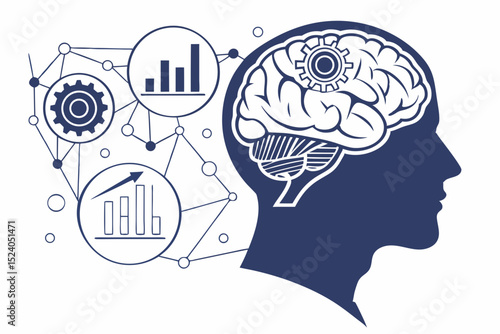 Brain with gears and rising graph isolated on white background, intelligence and analytics silhouette vector