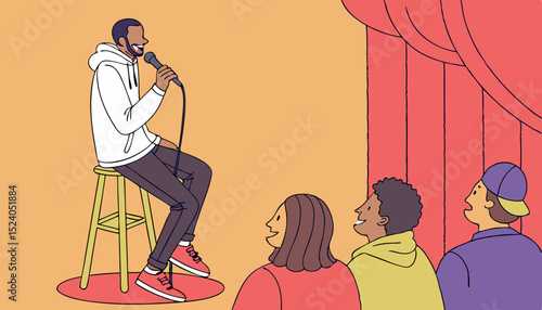 Comedian artist man with mic perform stand-up comedy show sitting on the stool on stage, vector audience listening jokes  