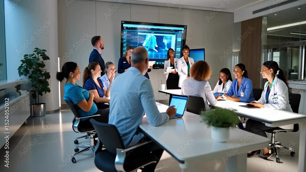 Medical professionals having a collaborative meeting in modern hospital conference room
